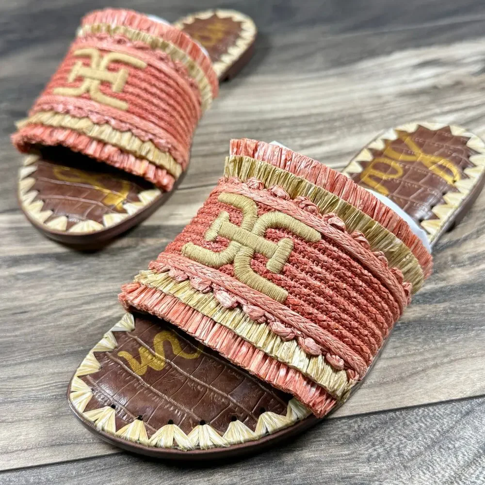 NIB Sam Edelman Georgia 7M Orange Raffia Flat Slide Sandals Resort Beach - Picture 4 of 12